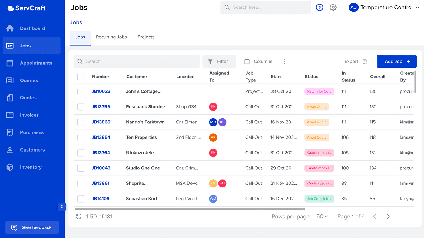 ServCraft job dashboard